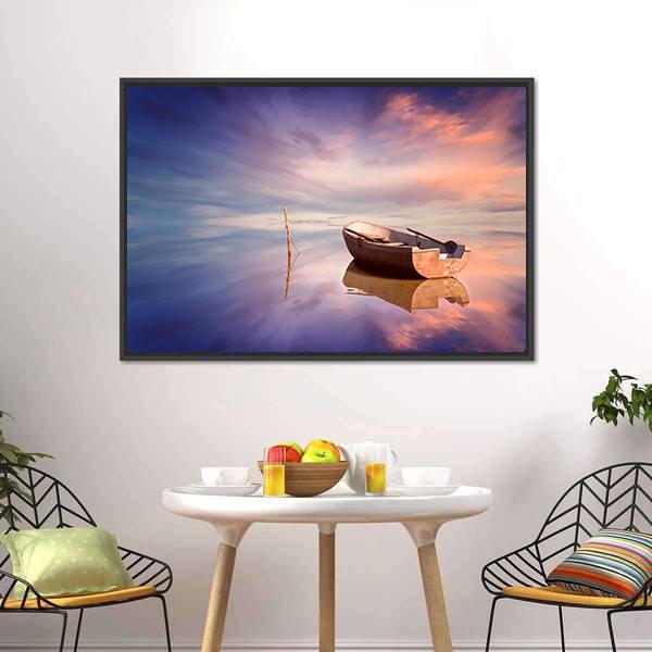Lonely Boat With Sunset Canvas Wall Art-3 Horizontal-Gallery Wrap-25" x 16"-Tiaracle