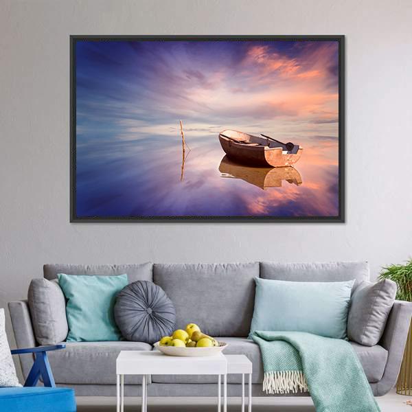 Lonely Boat With Sunset Canvas Wall Art-5 Horizontal-Gallery Wrap-22" x 12"-Tiaracle