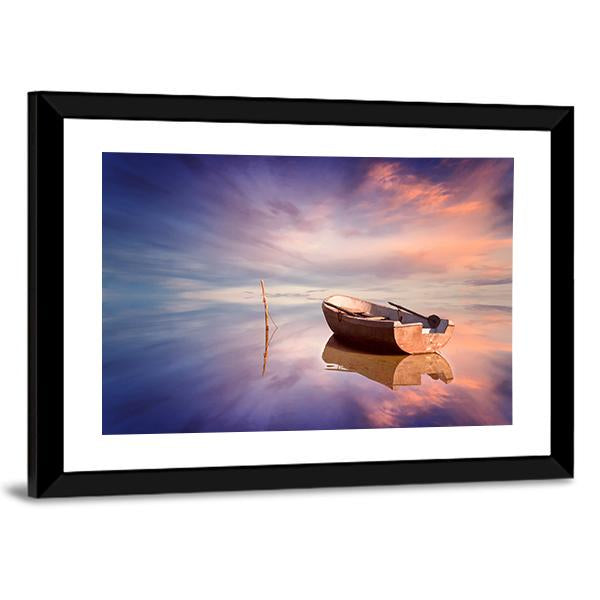 Lonely Boat With Sunset Canvas Wall Art-3 Horizontal-Gallery Wrap-25" x 16"-Tiaracle