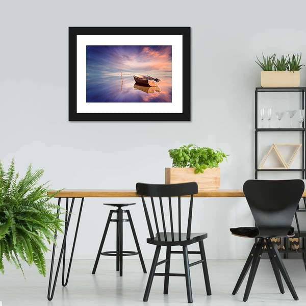Lonely Boat With Sunset Canvas Wall Art-5 Horizontal-Gallery Wrap-22" x 12"-Tiaracle