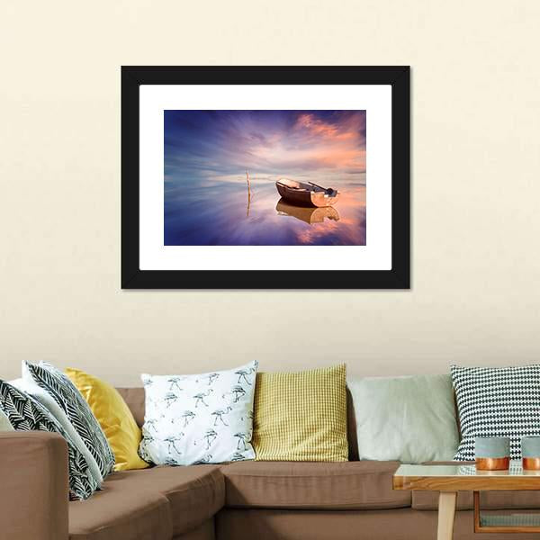 Lonely Boat With Sunset Canvas Wall Art-5 Horizontal-Gallery Wrap-22" x 12"-Tiaracle