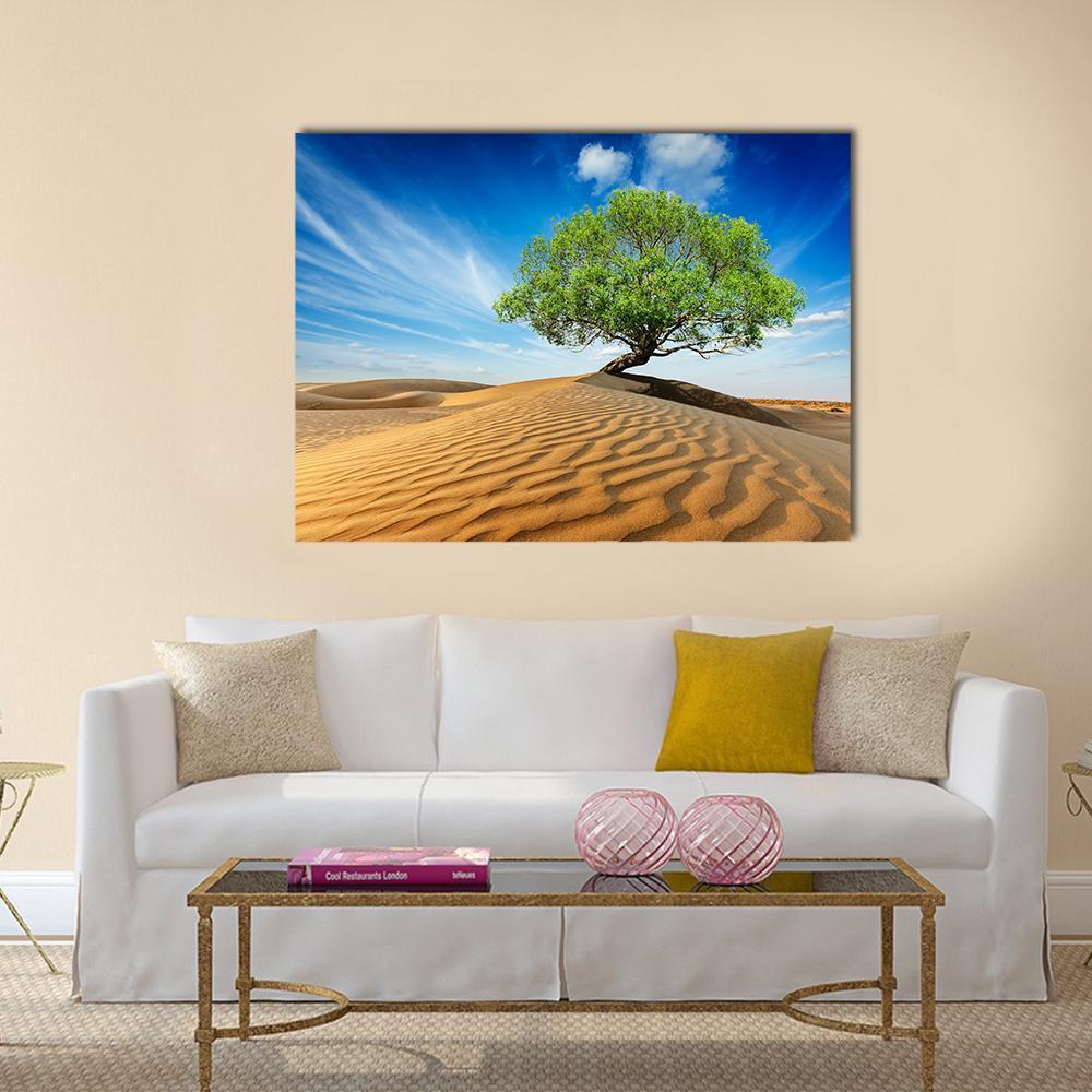 Green Tree In Desert Canvas Wall Art-1 Piece-Gallery Wrap-48" x 32"-Tiaracle