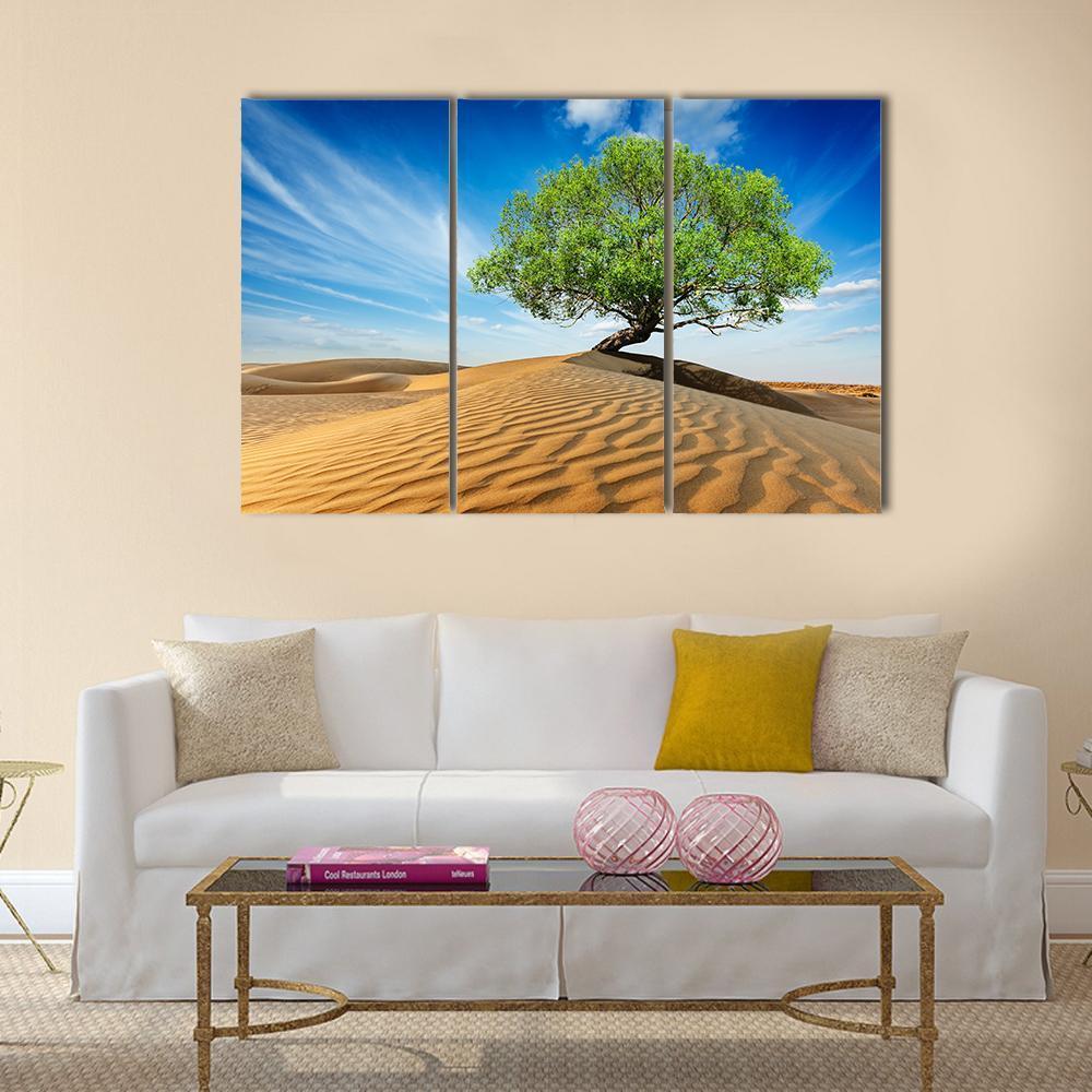 Green Tree In Desert Canvas Wall Art-3 Horizontal-Gallery Wrap-37" x 24"-Tiaracle