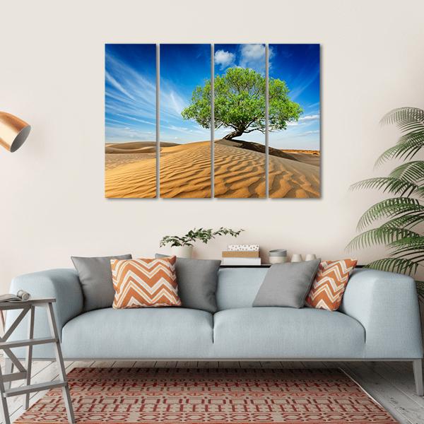 Green Tree In Desert Canvas Wall Art-4 Horizontal-Gallery Wrap-34" x 24"-Tiaracle