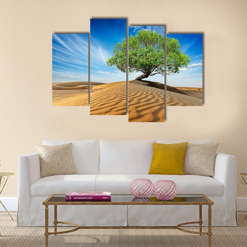Green Tree In Desert Canvas Wall Art-4 Pop-Gallery Wrap-50" x 32"-Tiaracle