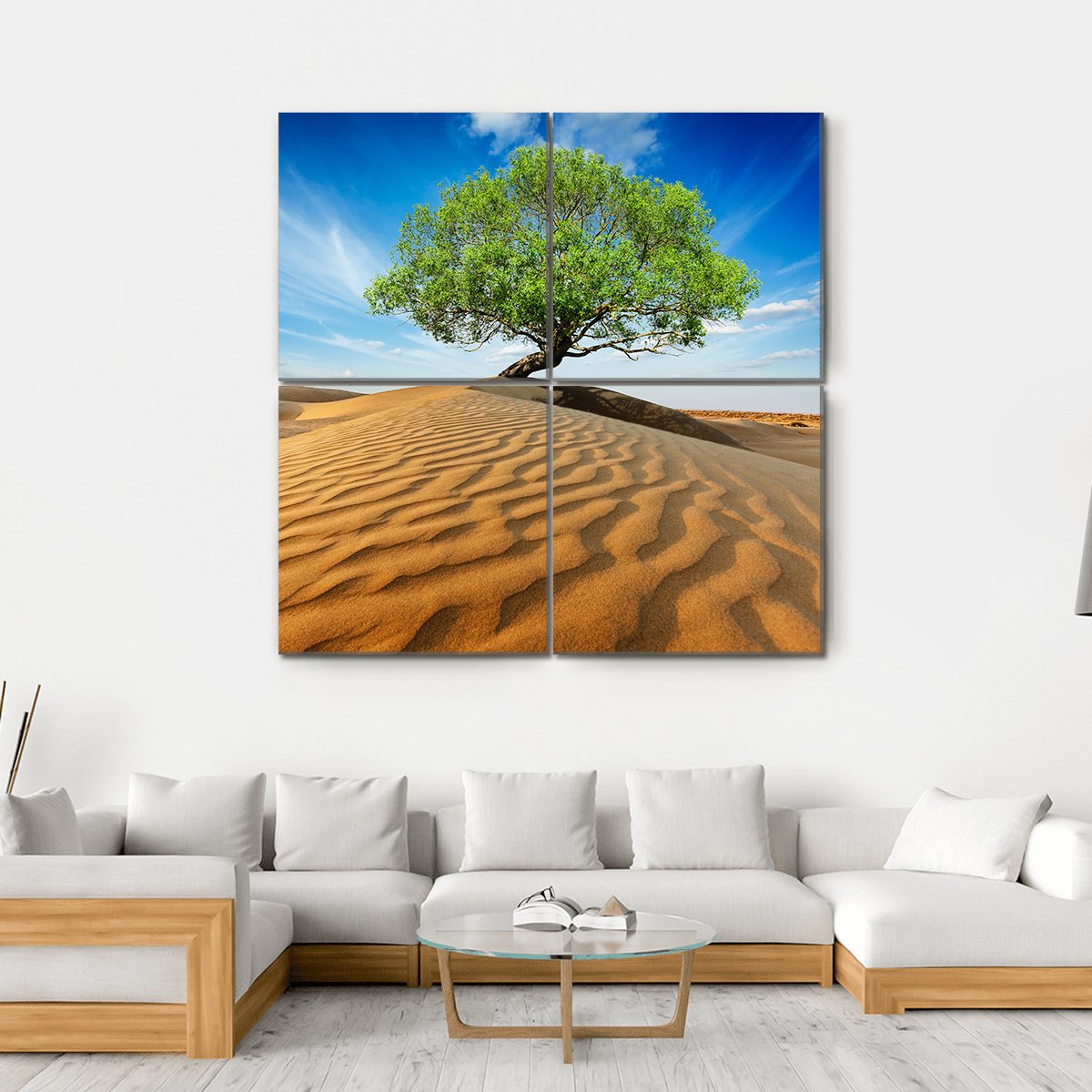 Green Tree In Desert Canvas Wall Art-4 Square-Gallery Wrap-17" x 17"-Tiaracle
