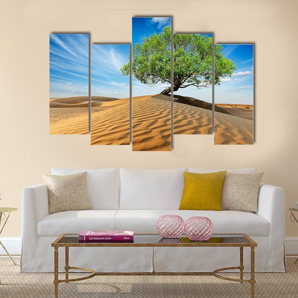 Green Tree In Desert Canvas Wall Art-5 Pop-Gallery Wrap-47" x 32"-Tiaracle