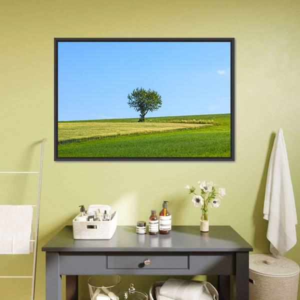 Lonely Tree At Meadow Canvas Wall Art-1 Piece-Floating Frame-24" x 16"-Tiaracle