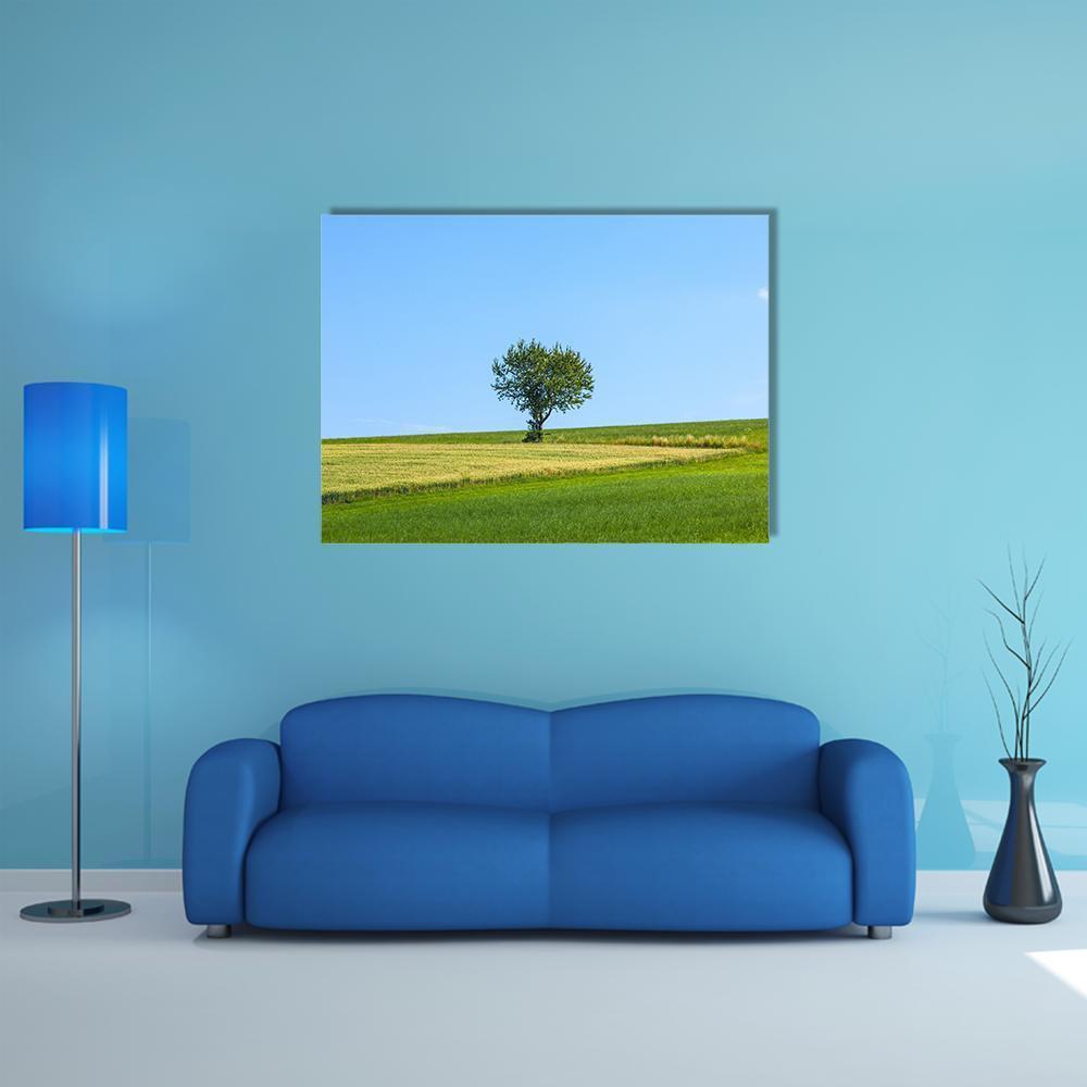 Lonely Tree At Meadow Canvas Wall Art-1 Piece-Gallery Wrap-48" x 32"-Tiaracle