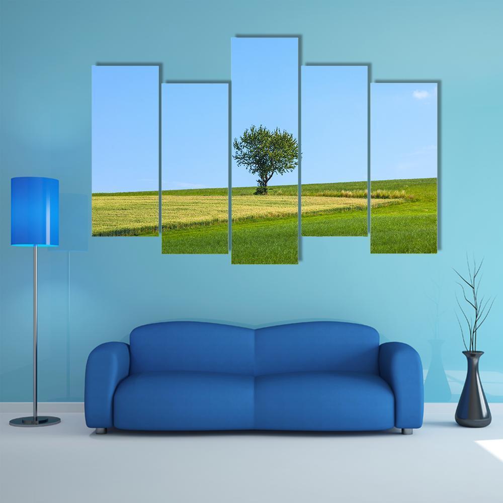 Lonely Tree At Meadow Canvas Wall Art-5 Pop-Gallery Wrap-47" x 32"-Tiaracle