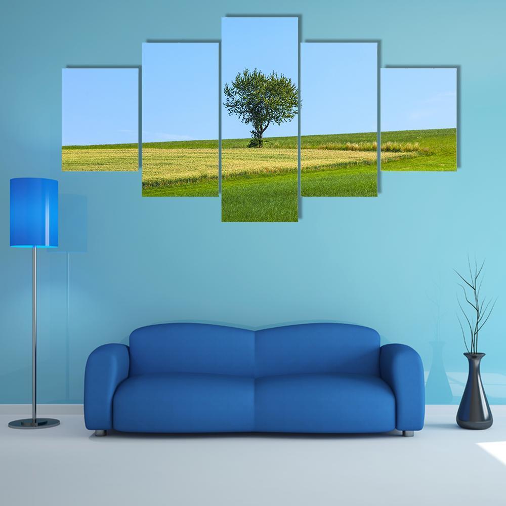 Lonely Tree At Meadow Canvas Wall Art-5 Star-Gallery Wrap-62" x 32"-Tiaracle