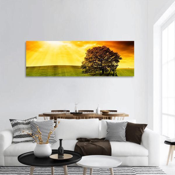 Tree In Field At Sunset Panoramic Canvas Wall Art-3 Piece-25" x 08"-Tiaracle