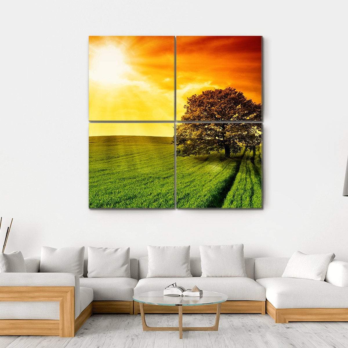 Tree In Field At Sunset Canvas Wall Art-4 Square-Gallery Wrap-17" x 17"-Tiaracle