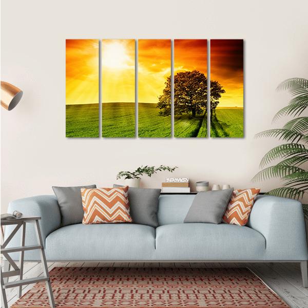 Tree In Field At Sunset Canvas Wall Art-5 Horizontal-Gallery Wrap-22" x 12"-Tiaracle