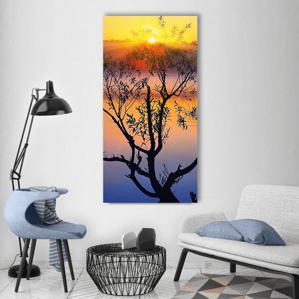 Tree Silhouette At Sunrise Vertical Canvas Wall Art-3 Vertical-Gallery Wrap-12" x 25"-Tiaracle