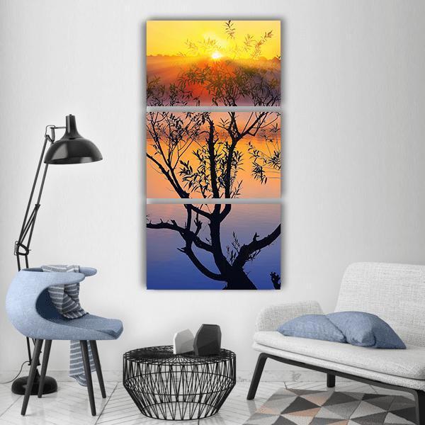 Tree Silhouette At Sunrise Vertical Canvas Wall Art-3 Vertical-Gallery Wrap-12" x 25"-Tiaracle