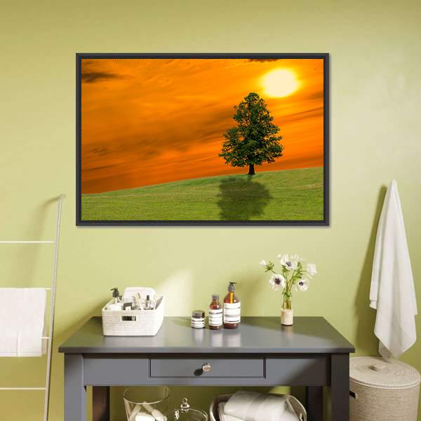 Lonely Tree On Field Canvas Wall Art-1 Piece-Floating Frame-24" x 16"-Tiaracle