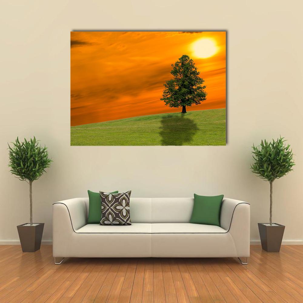 Lonely Tree On Field Canvas Wall Art-4 Horizontal-Gallery Wrap-34" x 24"-Tiaracle