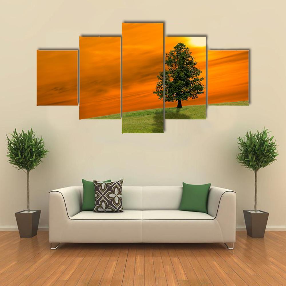 Lonely Tree On Field Canvas Wall Art-5 Star-Gallery Wrap-62" x 32"-Tiaracle