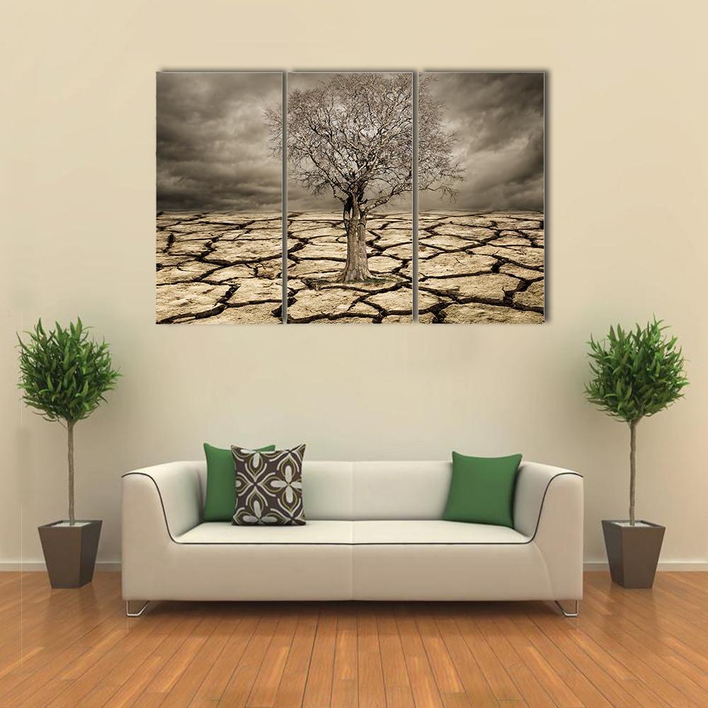 Tree On Cracked Mud Canvas Wall Art-3 Horizontal-Gallery Wrap-37" x 24"-Tiaracle