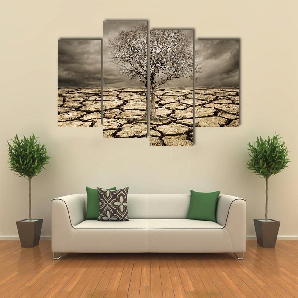 Tree On Cracked Mud Canvas Wall Art-4 Pop-Gallery Wrap-50" x 32"-Tiaracle