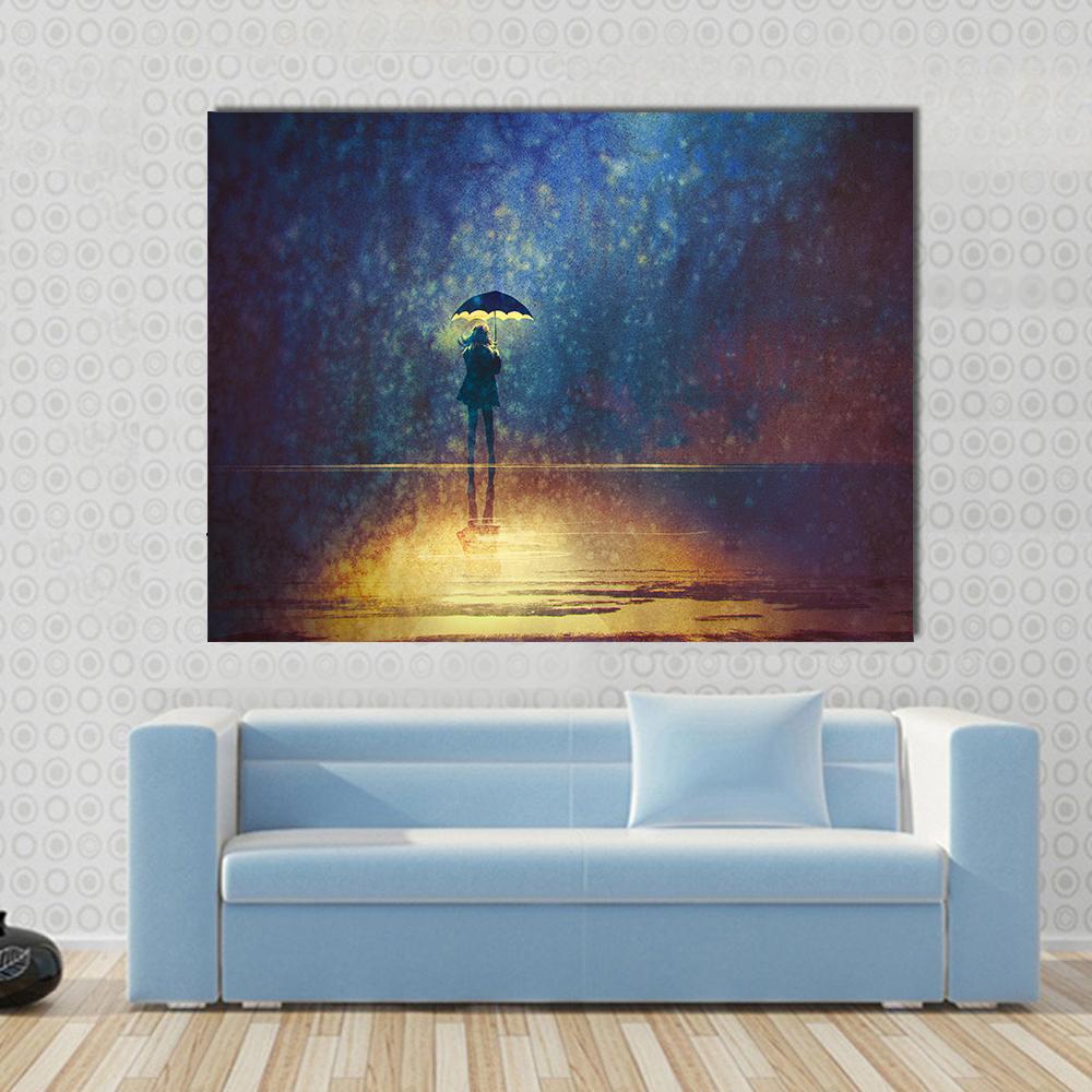 Woman Under Umbrella Canvas Wall Art in black, yellow and blue, single panel hung on a wall