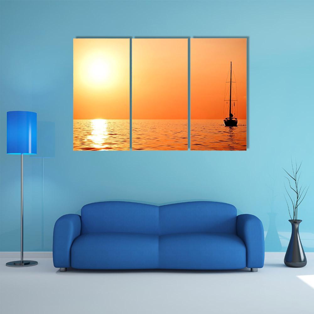Lonely Yacht At Sunset Canvas Wall Art-5 Pop-Gallery Wrap-47" x 32"-Tiaracle