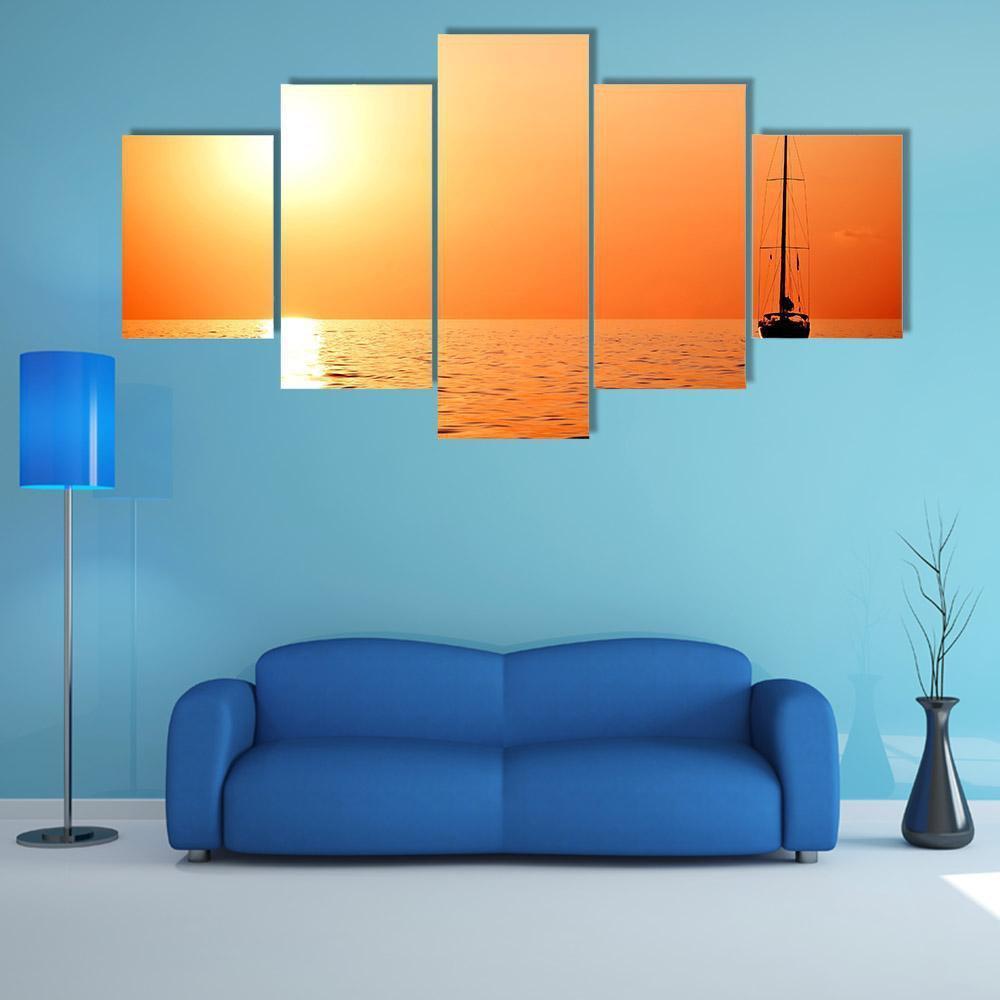 Lonely Yacht At Sunset Canvas Wall Art-5 Star-Gallery Wrap-62" x 32"-Tiaracle