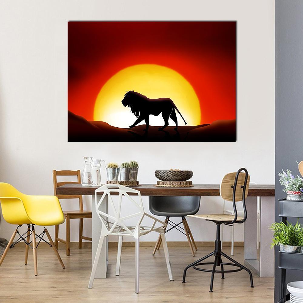 Lonesome Lion Canvas Wall Art in black, red and yellow, single panel hung on a wall