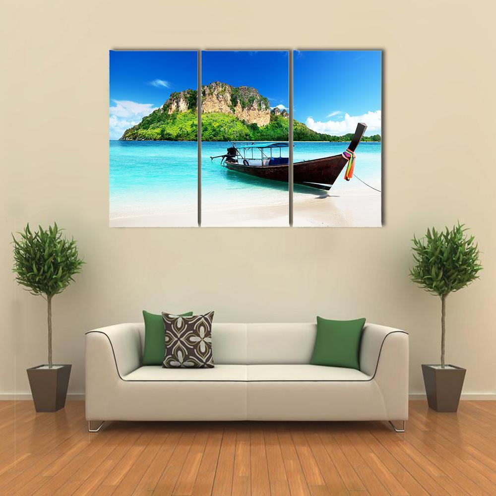 Boat On Poda Island Canvas Wall Art-3 Horizontal-Gallery Wrap-37" x 24"-Tiaracle