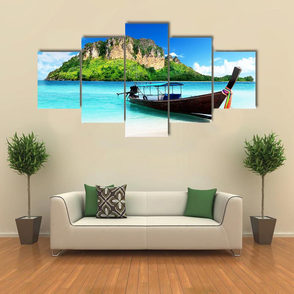 Boat On Poda Island Canvas Wall Art-5 Star-Gallery Wrap-62" x 32"-Tiaracle