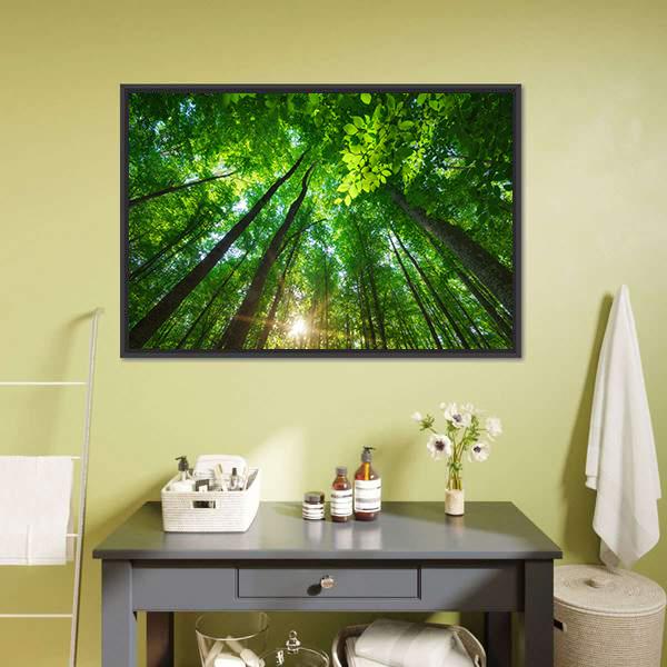 Sunlit Forest with Tall Trees Canvas Wall Art in brown, yellow and green, framed canvas, product view on a white background