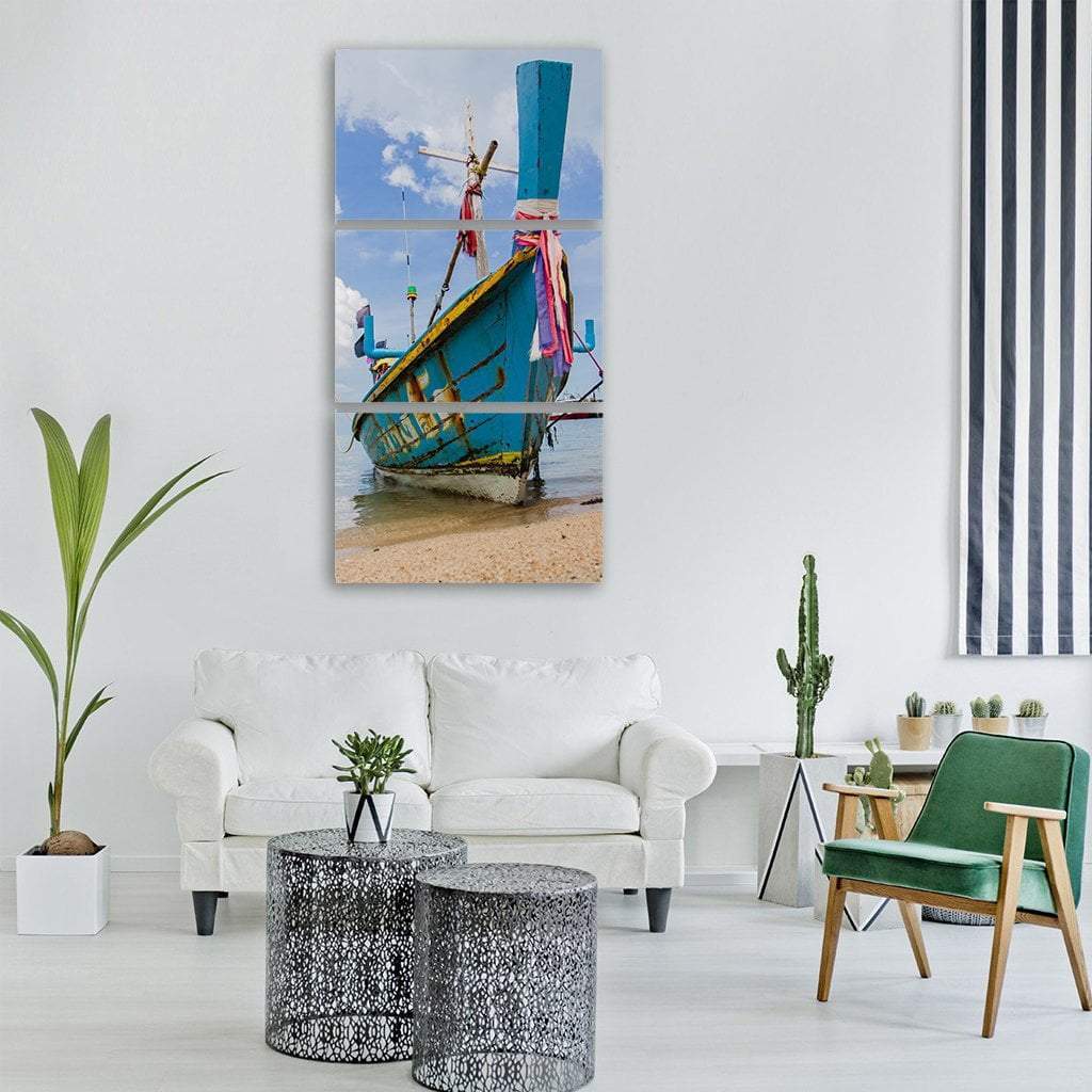 Long Tail Boat On Beach Vertical Canvas Wall Art-3 Vertical-Gallery Wrap-12" x 25"-Tiaracle