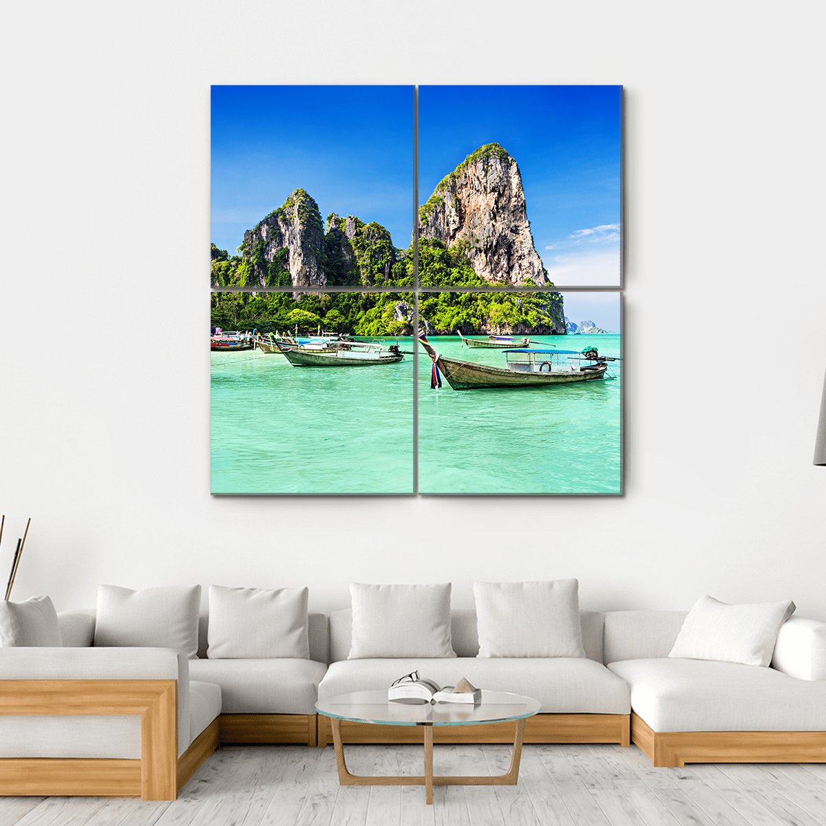 Longtale Boats At Beach Thailand Canvas Wall Art-4 Square-Gallery Wrap-17" x 17"-Tiaracle