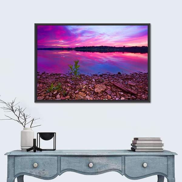 Longview Lake At Dawn Canvas Wall Art-1 Piece-Floating Frame-24" x 16"-Tiaracle