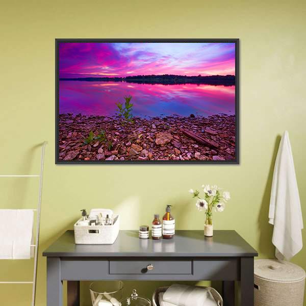 Longview Lake At Dawn Canvas Wall Art-1 Piece-Floating Frame-24" x 16"-Tiaracle