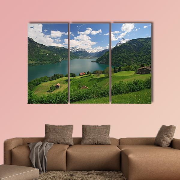 Farms With Lake Lucerne Canvas Wall Art-3 Horizontal-Gallery Wrap-37" x 24"-Tiaracle