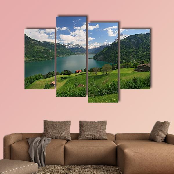 Farms With Lake Lucerne Canvas Wall Art-5 Star-Gallery Wrap-62" x 32"-Tiaracle