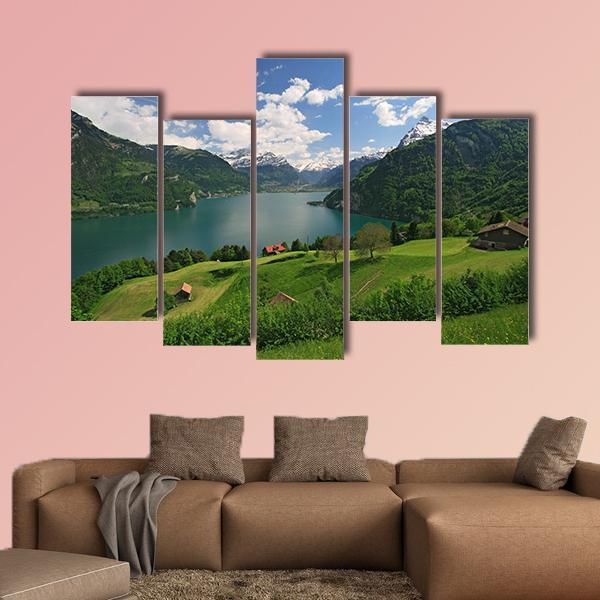 Farms With Lake Lucerne Canvas Wall Art-5 Pop-Gallery Wrap-47" x 32"-Tiaracle