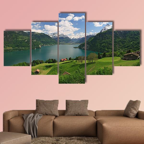 Farms With Lake Lucerne Canvas Wall Art-5 Star-Gallery Wrap-62" x 32"-Tiaracle