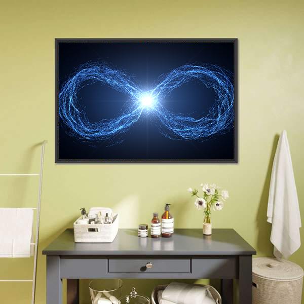 Infinity Loop of Glowing Energy Canvas Wall Art in black and blue, framed canvas, product view on a white background
