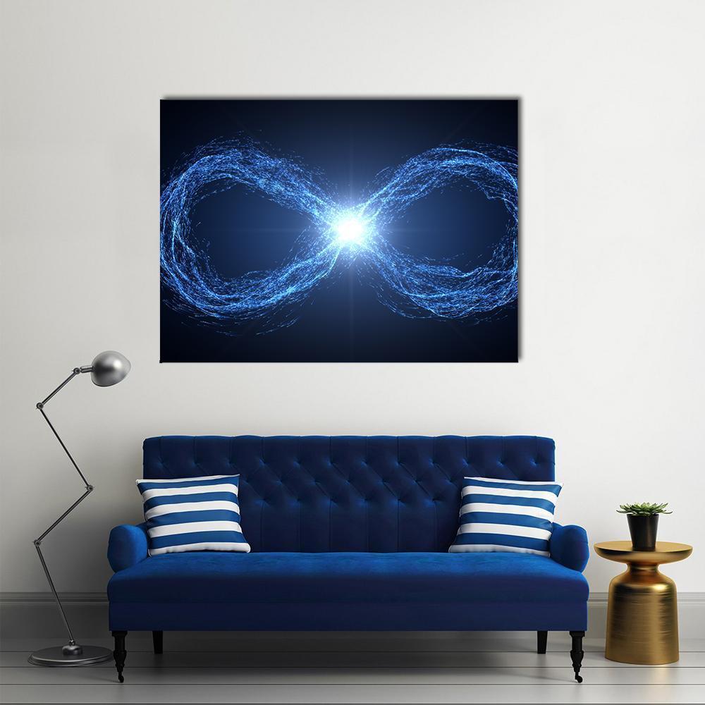 Infinity Loop of Glowing Energy Canvas Wall Art in black and blue, single panel hung on a wall