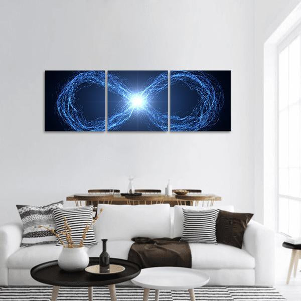 Infinity Loop of Blue Energy Panoramic Canvas Wall Art in black and blue, hung on a wall