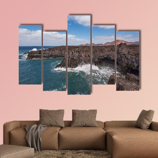 Los Hervideros Coastline Canvas Wall Art-5 Pop-Gallery Wrap-47" x 32"-Tiaracle