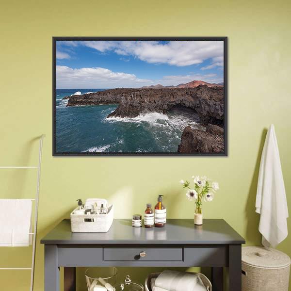 Los Hervideros Coastline Canvas Wall Art-1 Piece-Floating Frame-24" x 16"-Tiaracle