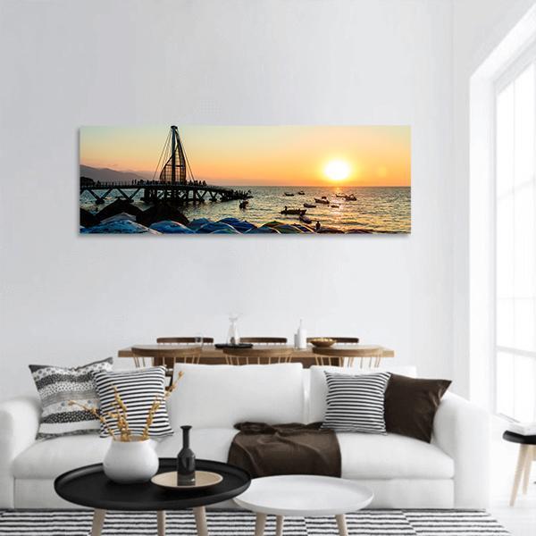 Los Muertos Pier Mexico Panoramic Canvas Wall Art-1 Piece-36" x 12"-Tiaracle