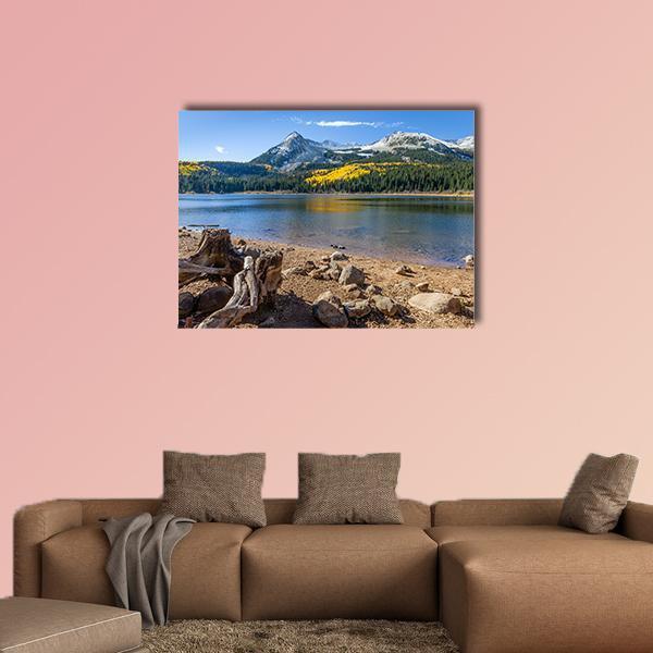 Lost Lake at Kebler Pass Canvas Wall Art in brown, green and blue, single panel hung on a wall