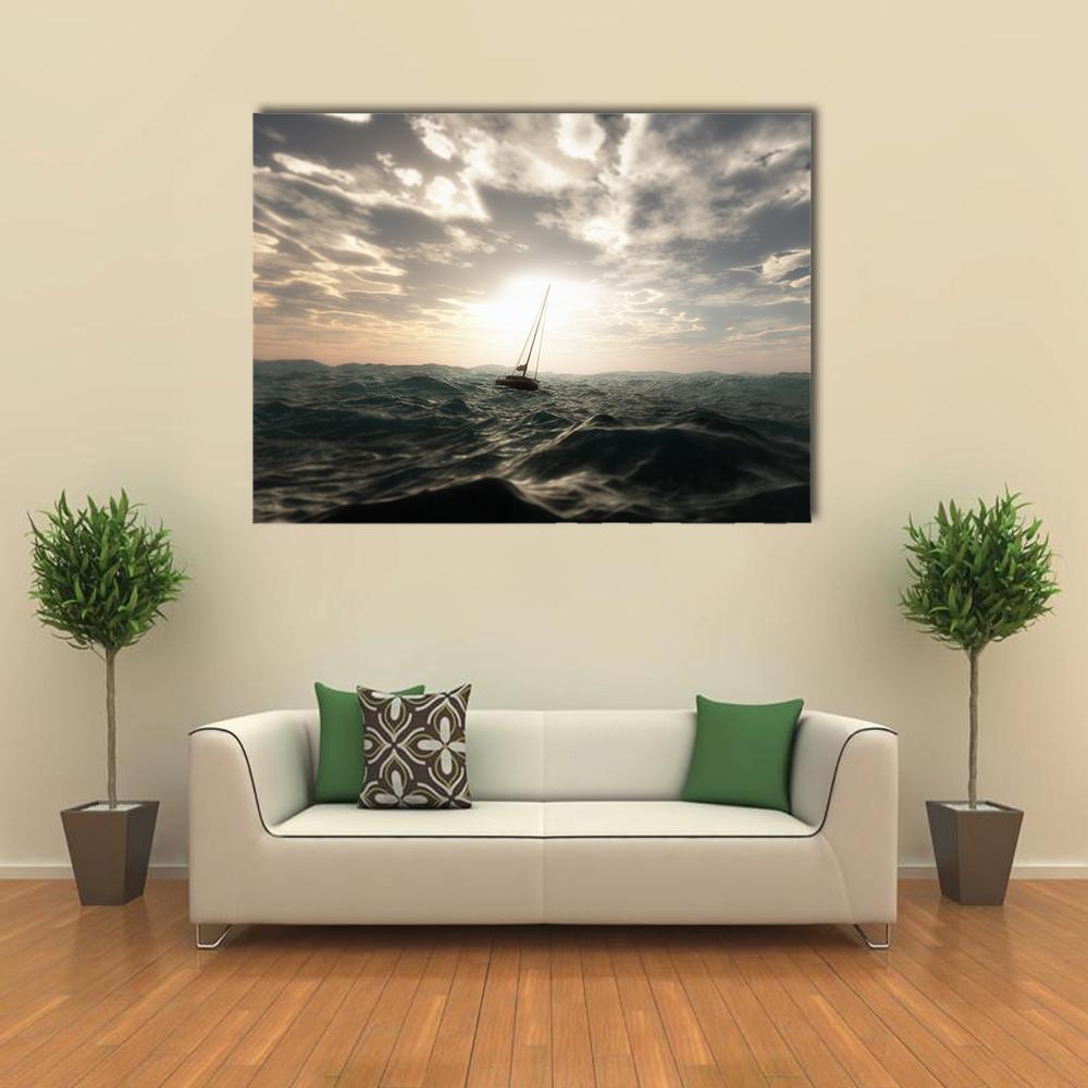 Sailing Boat In Storm Canvas Wall Art-1 Piece-Gallery Wrap-48" x 32"-Tiaracle