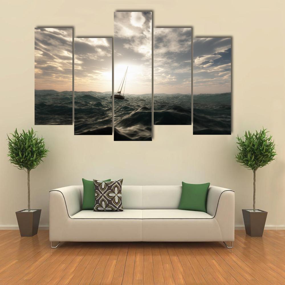 Sailing Boat In Storm Canvas Wall Art-5 Pop-Gallery Wrap-47" x 32"-Tiaracle