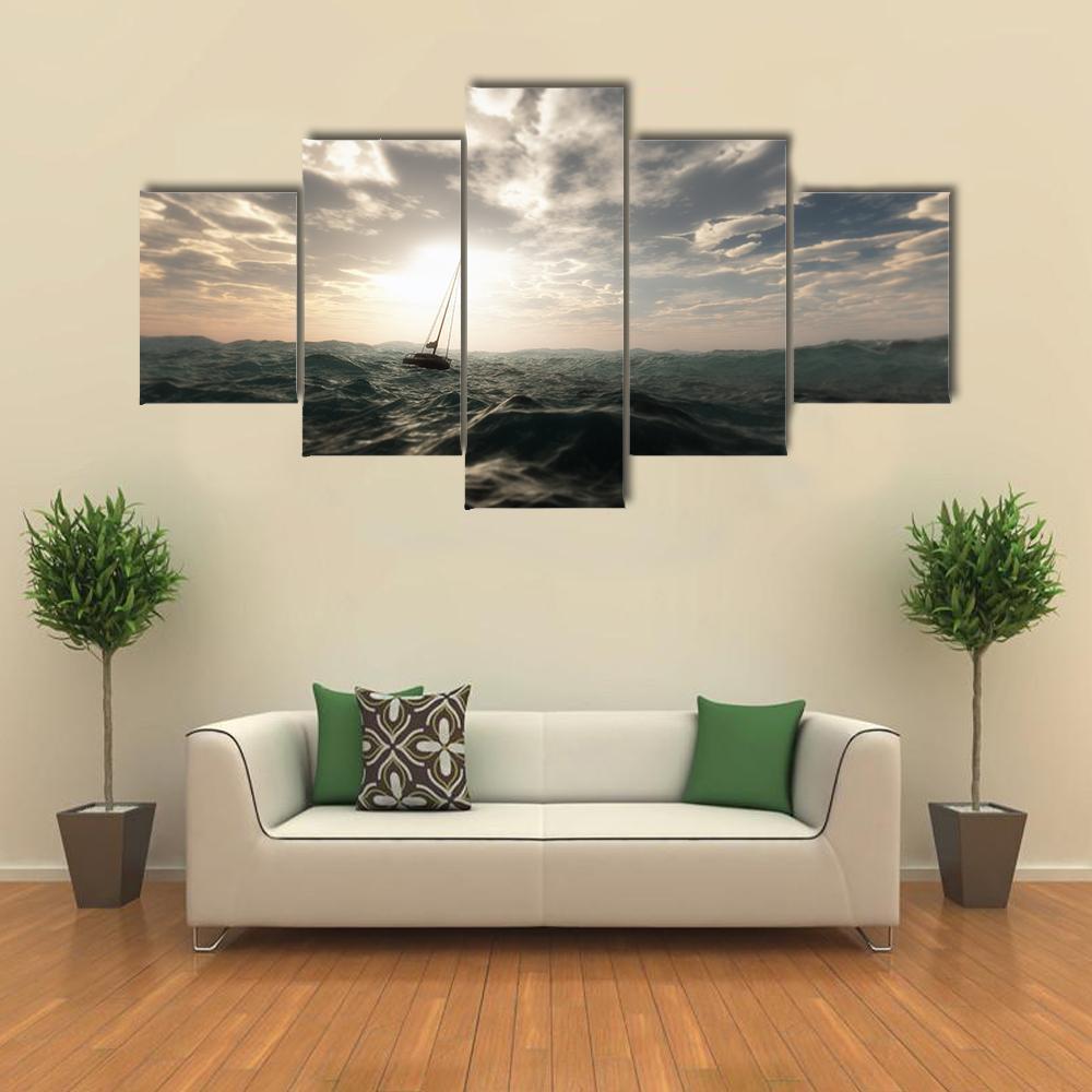 Sailing Boat In Storm Canvas Wall Art-5 Star-Gallery Wrap-62" x 32"-Tiaracle